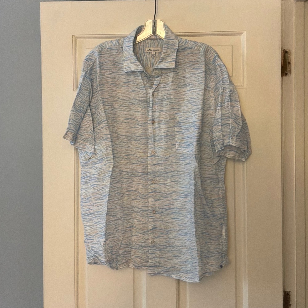Peter Millar Linen Short Sleeve Wave Print Button Up Shirt L Blue MS22W74CFS